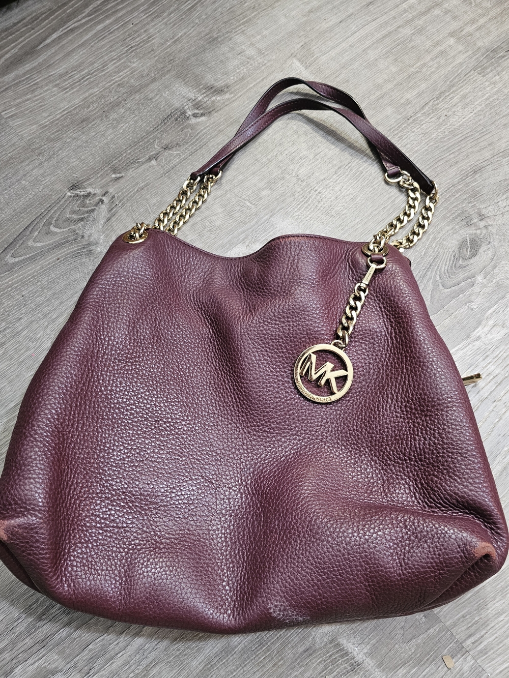 Michael Kors Merlot Pebbled Leather Hobo with Gold-Tone MK Charm